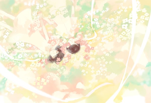 Anime picture 1202x817 with original chou osamu short hair smile brown hair lying eyes closed couple holding hands happy girl boy flower (flowers) sundress