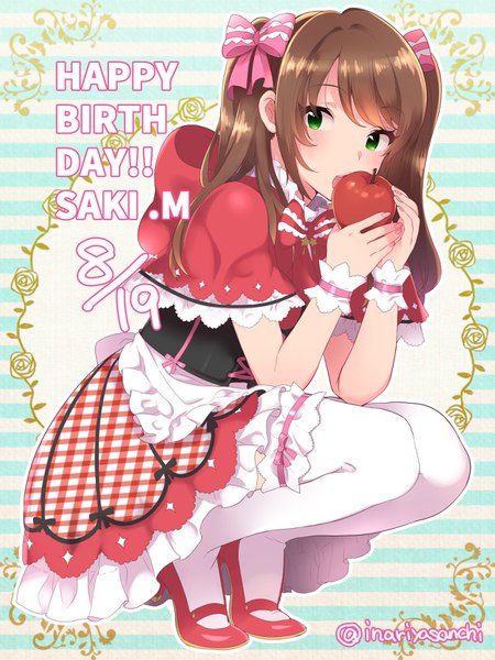 Anime picture 1200x1600 with idolmaster idolmaster side-m mizushima saki inari (kimitama0902yahoocojp) long hair tall image looking at viewer fringe open mouth brown hair twintails green eyes signed payot full body high heels character names twitter username text squat
