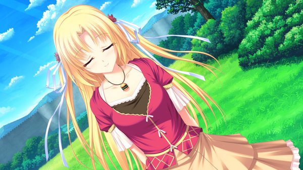 Anime picture 1920x1080 with ryuuyoku no melodia carlyle mel tenmaso long hair highres blonde hair smile wide image game cg cloud (clouds) eyes closed girl dress ribbon (ribbons) hair ribbon
