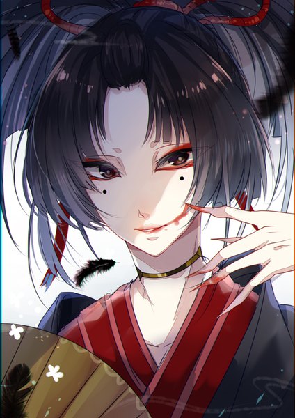 Anime picture 2480x3507 with touken ranbu nitroplus kogarasumaru (touken ranbu) shanguier single long hair tall image fringe highres black hair traditional clothes japanese clothes fingernails light smile lips mole mole under eye lipstick shaded face long fingernails