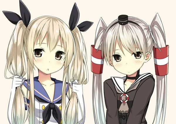 Anime picture 1135x800 with kantai collection shimakaze destroyer amatsukaze destroyer sky-freedom long hair looking at viewer blush simple background blonde hair twintails multiple girls brown eyes silver hair grey eyes holding hair girl gloves hair ornament ribbon (ribbons) 2 girls
