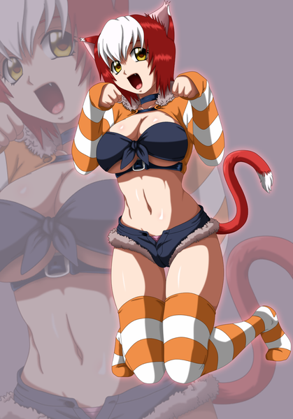 Anime picture 1000x1431 with miracle cat punch flowerinhell single tall image looking at viewer fringe short hair breasts open mouth light erotic simple background large breasts animal ears yellow eyes white hair red hair tail animal tail multicolored hair cat ears