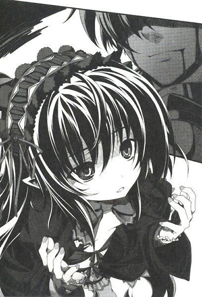 Anime picture 776x1140 with highschool dxd hyoudou issei ophis long hair tall image fringe short hair breasts black hair parted lips pointy ears official art monochrome lolita fashion goth-loli dragon girl novel illustration girl boy headdress