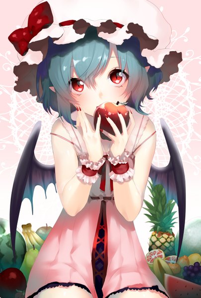 Anime picture 1000x1480 with touhou remilia scarlet hijiri-ssh single tall image looking at viewer blush fringe short hair red eyes sitting bare shoulders blue hair nail polish fingernails pointy ears long fingernails bat wings red nail polish girl