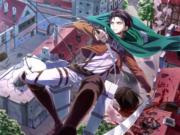 Anime picture 2000x1500 with shingeki no kyojin production i.g levi (rivaille) titan (shingeki no kyojin) angel31424 single highres short hair blue eyes black hair holding open clothes open jacket city smoke cityscape jumping dual wielding battle destruction