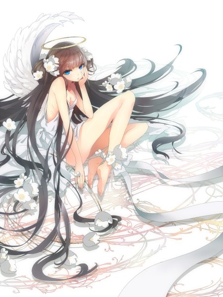 Anime picture 1000x1334 with original plastick single tall image looking at viewer fringe breasts blue eyes light erotic black hair bare shoulders lying very long hair barefoot hair flower angel girl hair ornament flower (flowers) wings