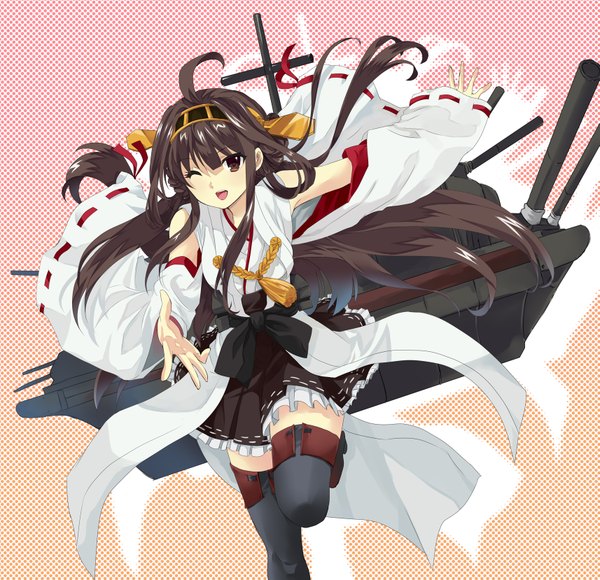 Anime picture 1713x1657 with kantai collection kongou battleship asamiko single long hair highres open mouth black hair brown eyes ahoge one eye closed wink nontraditional miko girl hair ornament weapon detached sleeves thigh boots