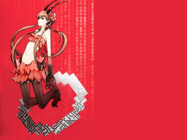 Anime picture 1600x1200 with c: the money of soul and possibility control mashu (c) single long hair brown hair bare shoulders green eyes hair flower horn (horns) pointy ears inscription red background girl navel hair ornament
