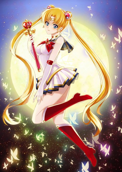 Anime picture 1024x1448 with bishoujo senshi sailor moon toei animation tsukino usagi sailor moon yoneyu single tall image looking at viewer blush blue eyes blonde hair twintails very long hair girl skirt hair ornament miniskirt insect butterfly moon