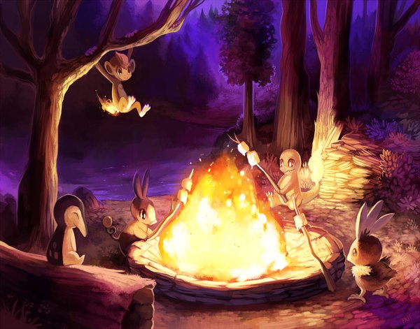 Anime picture 1050x825 with pokemon nintendo tepig torchic cyndaquil charmander chimchar glitchedpuppet night gen 1 pokemon gen 2 pokemon gen 4 pokemon gen 3 pokemon gen 5 pokemon plant (plants) animal tree (trees) food fire forest