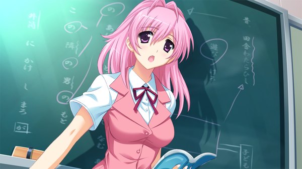 Anime picture 1024x576 with love-bride eve single long hair open mouth wide image pink hair game cg pink eyes teacher girl