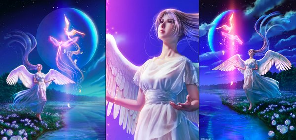 Anime picture 1676x796 with takashi mare long hair wide image cloud (clouds) realistic night night sky magic multiview angel wings river girl dress flower (flowers) animal water bird (birds) moon
