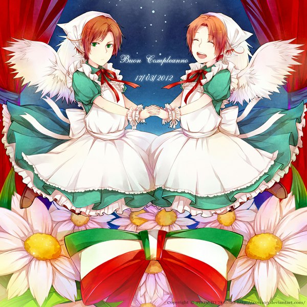 Anime picture 1000x1000 with axis powers hetalia studio deen north italy (hetalia) south italy (hetalia) zxs1103 short hair open mouth brown hair green eyes eyes closed inscription holding hands angel wings twins genderswap dress boy flower (flowers) bow ribbon (ribbons)