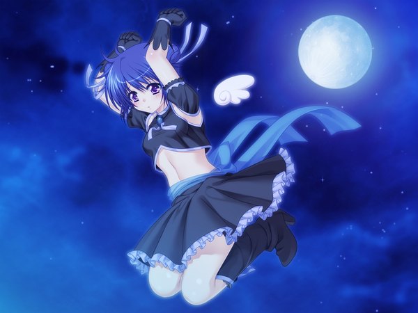 Anime picture 1024x768 with futari wa my angel short hair purple eyes blue hair game cg girl dress skirt gloves miniskirt moon