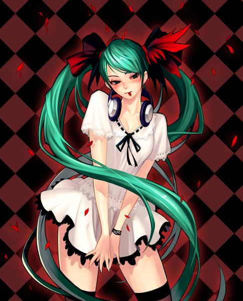 Anime picture 970x1200 with vocaloid world is mine (vocaloid) hatsune miku sayo tanku single tall image blush twintails green eyes looking away very long hair green hair rhombus girl thighhighs dress bow black thighhighs hair bow petals