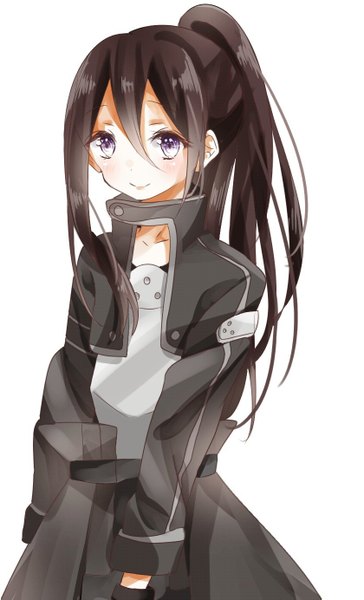 Anime picture 839x1383 with sword art online a-1 pictures kirigaya kazuto chima (fusigiko) single long hair tall image looking at viewer fringe simple background smile brown hair white background purple hair ponytail otoko no ko boy armor breastplate