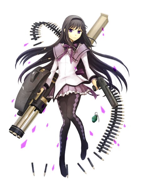 Anime picture 1200x1600 with mahou shoujo madoka magica shaft (studio) akemi homura krste single long hair tall image looking at viewer fringe black hair simple background white background purple eyes holding full body bent knee (knees) pleated skirt serious knees touching girl