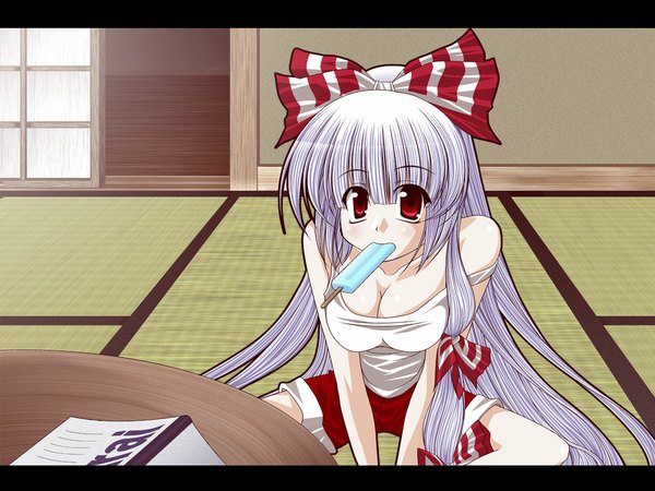 Anime picture 1024x768 with touhou fujiwara no mokou light erotic mouth hold girl popsicle tatamiya