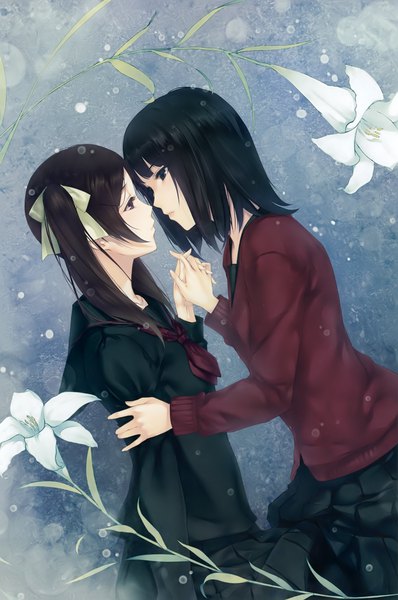 Anime picture 2656x4000 with kara no shoujo innocent grey touko mizuhara sugina miki long hair tall image highres short hair blue eyes black hair brown hair purple eyes twintails multiple girls pleated skirt scan official art holding hands shoujo ai face to face