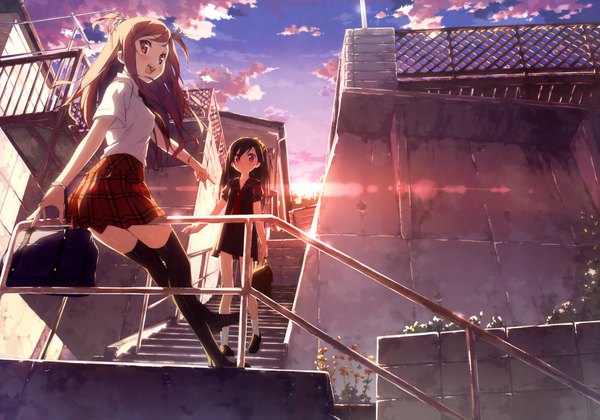 Anime picture 4280x3000 with 5 nenme no houkago (artbook) original kurumi (kantoku) shizuku (kantoku) kantoku highres multiple girls absurdres sky cloud (clouds) sunlight scan victory scenic girl thighhighs skirt 2 girls serafuku building (buildings)