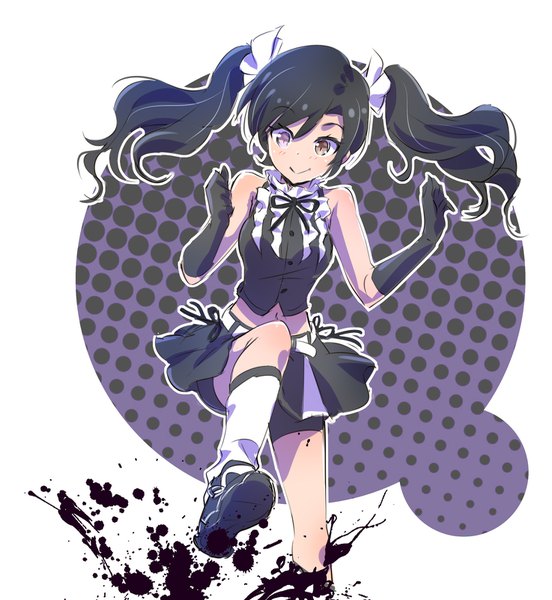 Anime picture 1474x1600 with rwby rooster teeth neopolitan (rwby) iesupa single tall image fringe black hair simple background smile white background purple eyes twintails brown eyes bent knee (knees) midriff sleeveless heterochromia alternate hairstyle polka dot