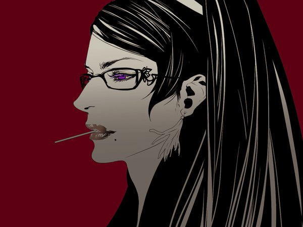 Anime picture 1000x750 with bayonetta bayonetta (character) npn single fringe black hair simple background purple eyes holding profile lips mole mouth hold portrait face red background mole under mouth makeup clenched teeth girl
