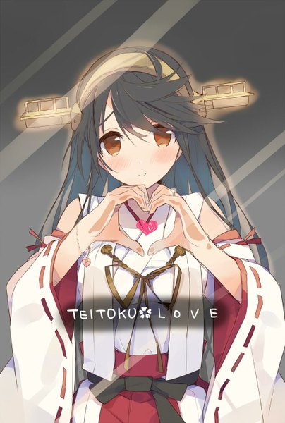Anime picture 984x1462 with kantai collection haruna battleship tsunekawa niwasuke single long hair tall image looking at viewer blush black hair smile brown eyes traditional clothes inscription heart hands against glass girl hair ornament detached sleeves bracelet heart