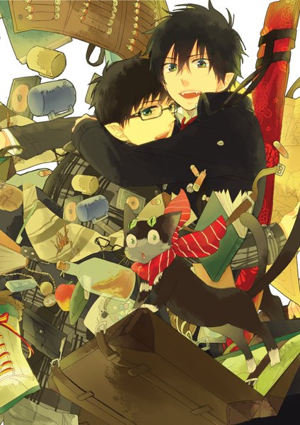 Anime picture 1000x1414 with ao no exorcist studio pierrot a-1 pictures okumura rin okumura yukio kuro (ao no exorcist) sotoko (artist) tall image looking at viewer short hair open mouth black hair smile green eyes looking back aqua eyes multiple boys hug happy siblings
