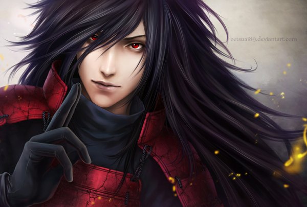 Anime picture 1069x723 with naruto studio pierrot naruto (series) uchiha madara zetsuai89 single long hair black hair red eyes signed realistic close-up face sharingan boy gloves armor