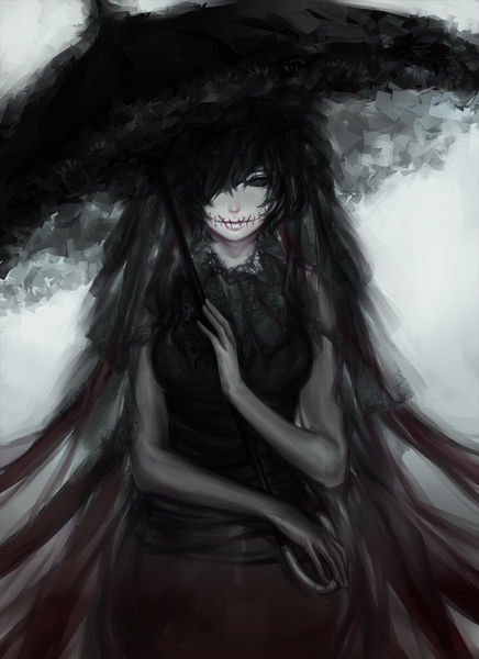 Anime picture 1000x1375 with avodkabottle single long hair tall image looking at viewer fringe breasts black hair holding lips black eyes hair over one eye sleeveless dark background expressionless girl umbrella