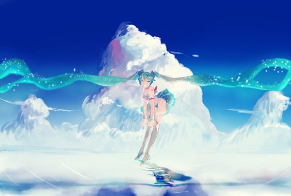 Anime picture 1748x1181 with vocaloid hatsune miku totsu hon (artist) single blush highres smile twintails bare shoulders sky cloud (clouds) eyes closed very long hair nail polish aqua hair transparent girl thighhighs skirt underwear