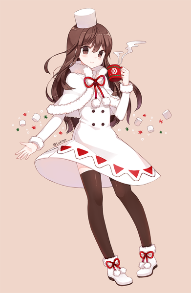 Anime picture 750x1149 with cookie run cocoa cookie diten single long hair tall image looking at viewer blush fringe simple background smile brown hair brown eyes pink background girl thighhighs dress boots headdress white dress