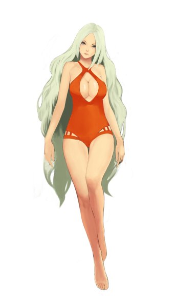 Anime picture 680x1200 with original meto31 single long hair tall image looking at viewer breasts light erotic simple background blonde hair large breasts white background brown eyes cleavage barefoot legs walking girl swimsuit one-piece swimsuit