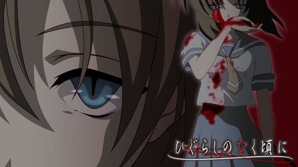 Anime picture 1600x900 with higurashi no naku koro ni studio deen ryuuguu rena single looking at viewer fringe blue eyes hair between eyes wide image pleated skirt inscription short sleeves copyright name looking down close-up face covered mouth blood on face bloody clothes girl