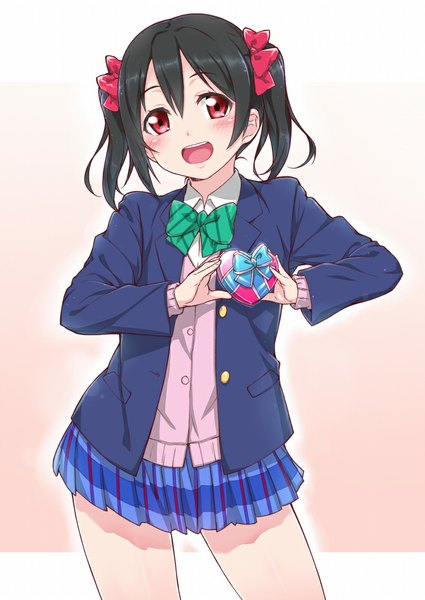 Anime picture 708x1000 with love live! school idol project sunrise (studio) love live! yazawa nico komase (jkp423) single tall image looking at viewer blush short hair open mouth black hair simple background red eyes twintails :d short twintails girl uniform bow