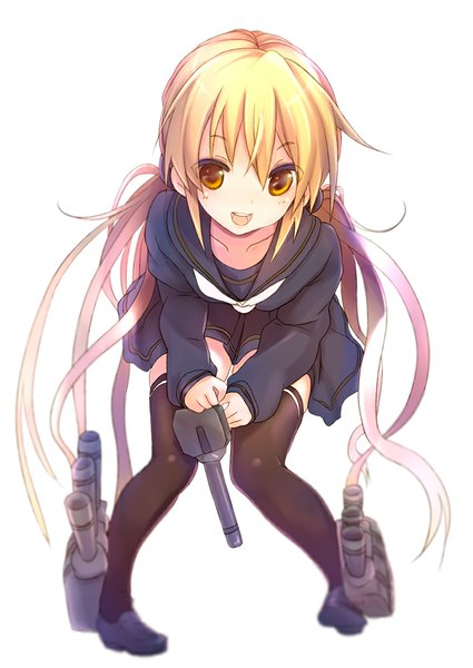 Anime picture 708x1000 with kantai collection satsuki destroyer sora to umi single tall image looking at viewer blush open mouth simple background blonde hair white background twintails brown eyes very long hair low twintails girl thighhighs skirt weapon black thighhighs