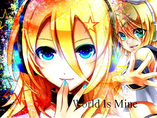 Anime picture 1024x768 with vocaloid world is mine (vocaloid) kagamine rin lily (vocaloid) long hair looking at viewer short hair blue eyes blonde hair bare shoulders multiple girls aqua eyes loli flat chest close-up girl 2 girls choker headphones