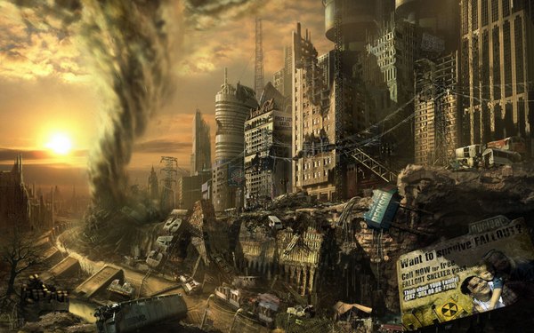 Anime picture 1920x1200 with fallout 3 red-g (artist) highres wide image city evening sunset cityscape ruins panorama post-apocalyptic building (buildings) ground vehicle road bus tornado