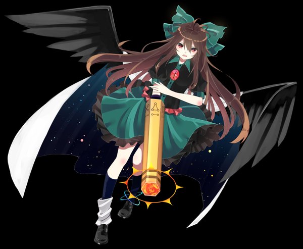 Anime picture 3325x2735 with touhou reiuji utsuho taiki (ozone) single long hair looking at viewer highres open mouth simple background red eyes brown hair absurdres from above black background black wings starry sky print arm cannon girl bow weapon