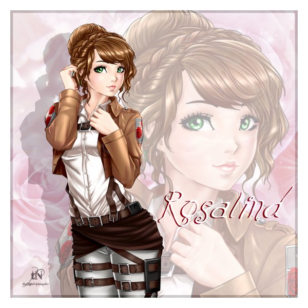 Anime picture 3000x3000 with shingeki no kyojin original production i.g thenightwishmaster single looking at viewer highres short hair brown hair green eyes lips open clothes open jacket character names cosplay zoom layer girl jacket belt thigh strap
