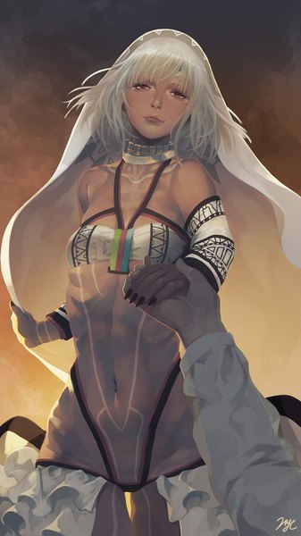 Anime picture 1080x1920 with fate (series) fate/grand order altera (fate) 21yc (september breeze) tall image looking at viewer fringe short hair light erotic smile red eyes signed white hair nail polish head tilt fingernails lips midriff tattoo lipstick