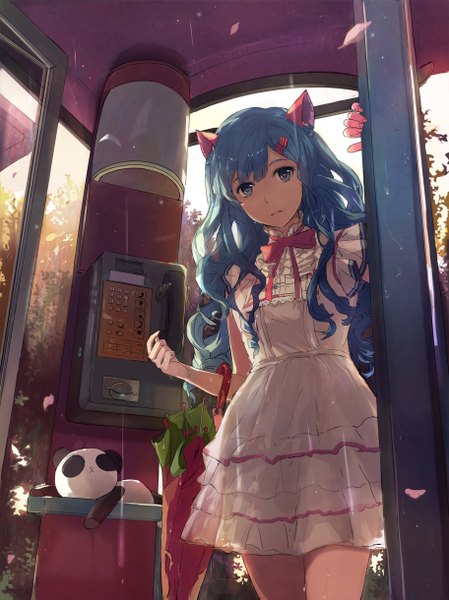 Anime picture 912x1219 with original ooi choon liang single long hair tall image looking at viewer blue eyes standing animal ears blue hair cat ears rain closed umbrella girl dress hair ornament ribbon (ribbons) petals umbrella hairpin (hairpins)