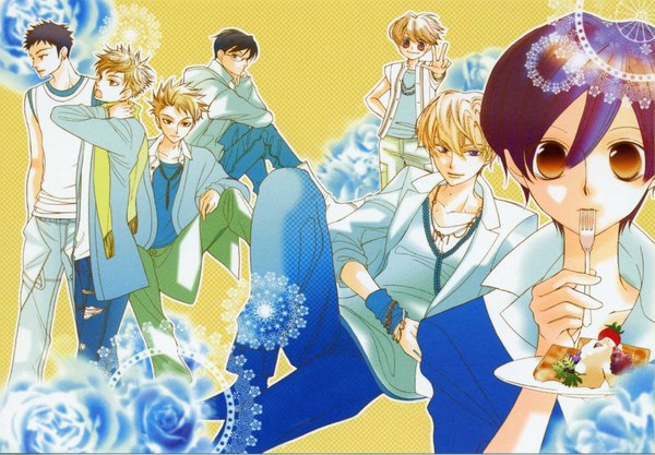 Anime picture 2000x1392 with ouran high school host club studio bones fujioka haruhi suou tamaki hitachiin kaoru hitachiin hikaru ootori kyouya haninozuka mitsukuni morinozuka takashi highres short hair blue eyes black hair blonde hair smile brown hair sitting brown eyes scan open clothes