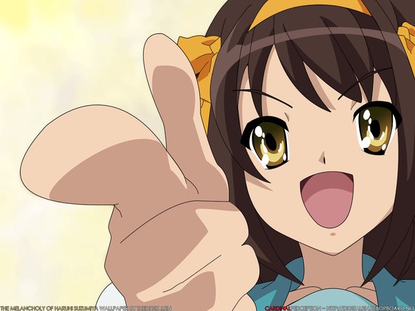 Anime picture 1600x1200 with suzumiya haruhi no yuutsu kyoto animation suzumiya haruhi vector pointing girl hare hare yukai