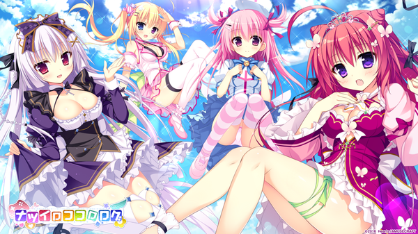 Anime picture 1920x1080 with natsuiro kokoro log tokiwa kuon nagi kisara nanakuni kotone ominae rin shiromochi sakura long hair looking at viewer blush highres open mouth light erotic blonde hair red eyes wide image purple eyes twintails multiple girls pink hair sky