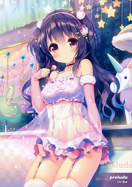 Anime picture 2476x3500 with original riichu single long hair tall image looking at viewer blush highres light erotic red eyes purple hair scan official art girl thighhighs navel detached sleeves white thighhighs food hairband