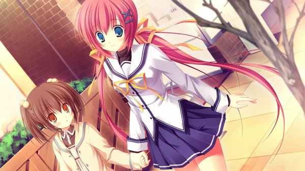 Anime picture 1024x576 with da capo shirakawa nanaka long hair short hair blue eyes black hair red eyes wide image game cg red hair girl serafuku x hair ornament child (children)