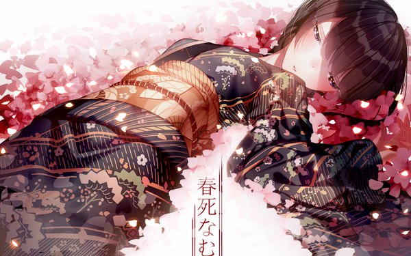 Anime picture 1920x1200 with original atha (leejuiping) single long hair blush fringe highres hair between eyes brown hair purple eyes looking away lying traditional clothes parted lips japanese clothes shaded face girl petals kimono obi