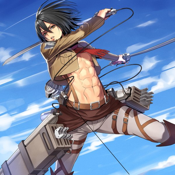 Anime picture 1280x1280 with shingeki no kyojin production i.g mikasa ackerman ogami single looking at viewer blush short hair open mouth light erotic black hair brown eyes sky cloud (clouds) open clothes open jacket bare belly sideboob muscle girl