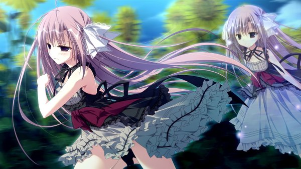 Anime picture 1280x720 with himawari no kyoukai to nagai natsuyasumi natsusaki yomi motoyon single long hair blush wide image purple eyes bare shoulders pink hair game cg running girl dress bow hair bow sunflower